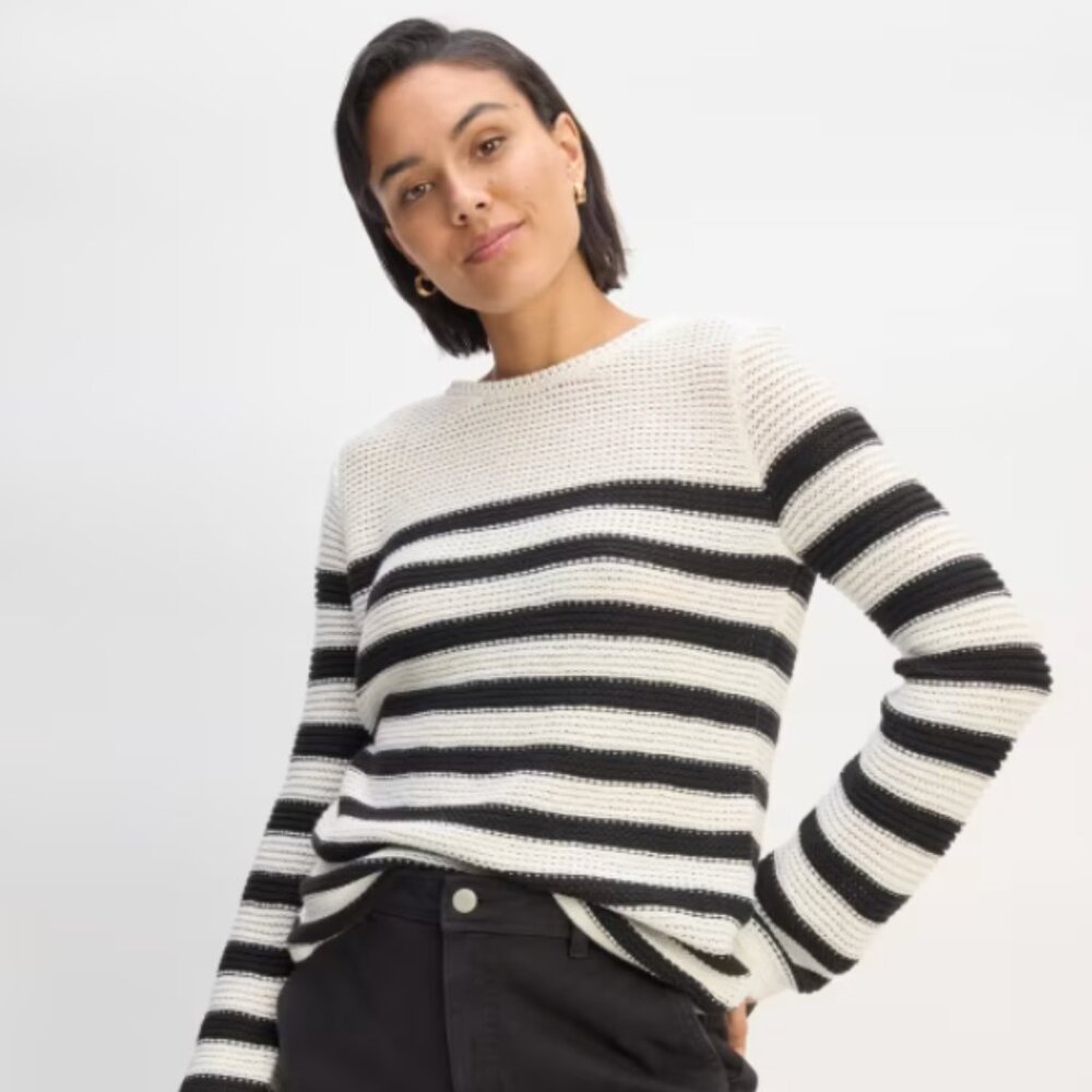 Everlane The Organic Cotton Open-Stitch Crew - Black & White Striped - XS